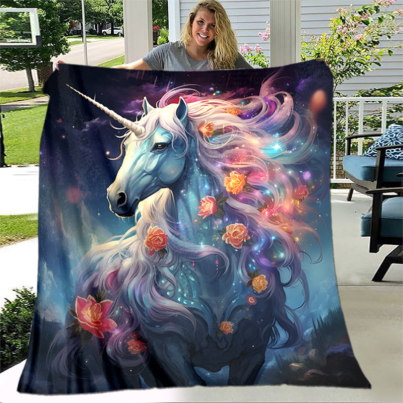 1pc 2D Flat Printing, Unicorn And Flowers Blanket, Soft Fleece Blanket - Starry Blue Design, Multi-Size Available, Suitable for Living Room, Bedroom, Balcony, Courtyard, And Reading Nook