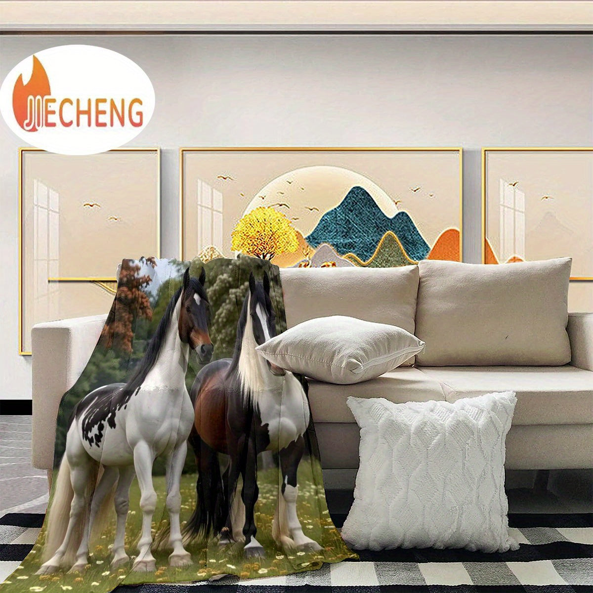 1pc 2D Flat Printing, Double Horse Prairie Theme Blanket, Soft Fleece Blanket - Black Brown White Design, Multi-Size Available, Suitable for Living Room, Bedroom, Sofa, And Casual Reading