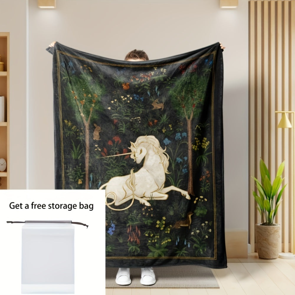 1pc 2D Flat Printing, Unicorn And Forest Theme Blanket, Soft Fleece Blanket - Black Retro Design, Multi-Size Available, Suitable for Living Room, Bedroom, Sofa, And Reading Nook