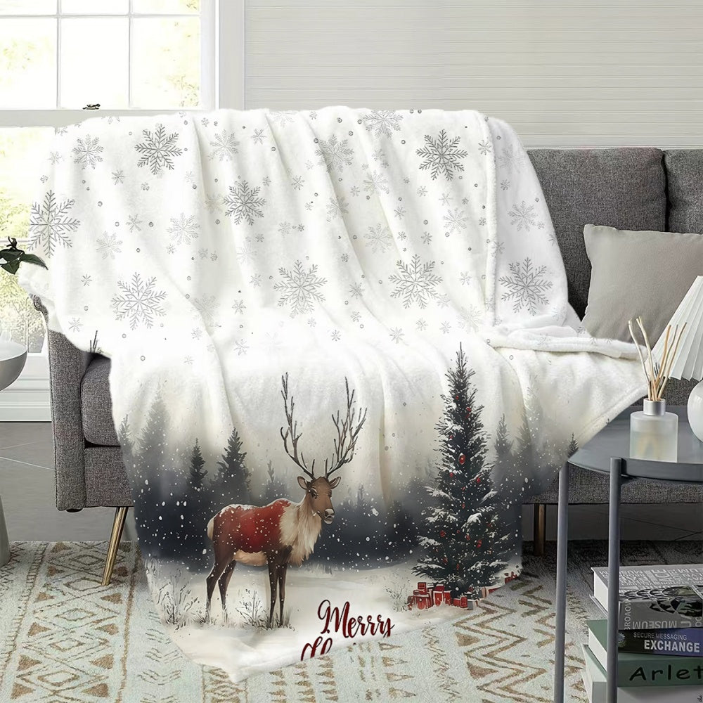1pc Christmas Reindeer And Fir Tree Snowflake Pattern Flannel Blanket, Soft Comfortable Warm, White Winter Design, All-Season Blanket, Warm Cover, Multiple Sizes Available, Suitable for Living Room Sofa, Bedroom, Reading Corner