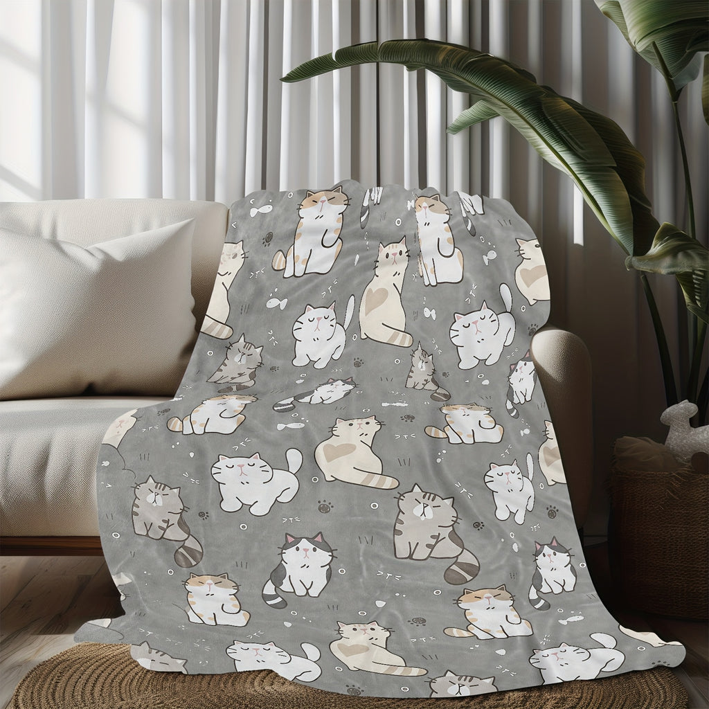 1pc of Adorable Cat-pattern Flannel Blanket, Soft, Comfortable, and Warm, in a Gray Design with a Durable Plush Surface. A Versatile All-season Bed Throw and Cozy Cover, Available in Multiple Sizes. Suitable for Living Room Sofas, Bedroom Beds