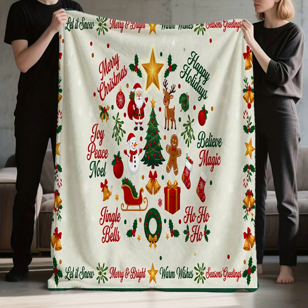 1pc, Christmas-Themed Golden Star And Santa Claus Pattern Flannel Blanket, Soft Comfortable Warm, White Background Design, Durable Plush, All-Season Sofa Blanket, Warm Cover, Multiple Sizes Available, Suitable for Living Room Sofas, Bedroom