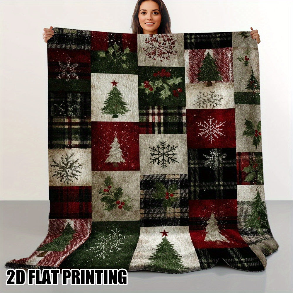 Vintage Christmas Tree And Snowflake Patchwork Flannel Blanket - All-Season Lightweight Soft Beige Friendly Cover, Holiday Decoration Mixed Color Scheme, Christmas Blanket
