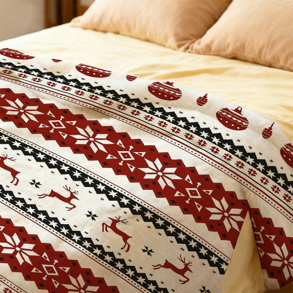 2D Flat Printing, 1pc Flannel Christmas Themed Printed Blanket, Red Reindeer and Colorful Ornament Design—Soft, Warm, and Cozy, Lightweight and Durable, Multiple Sizes Available, Perfect for Christmas, Living Room Sofa, Bedroom Couch Cover