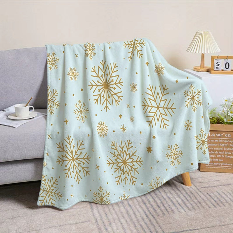 1pc 2D Flat-printed Golden Snowflake and Star Pattern Flannel Blanket—soft Flannel Throw with Light Blue and Golden Design, Available in Multiple Sizes. Suitable for Living Rooms, Bedrooms, Sofas, and Leisure Reading, 2D Flat