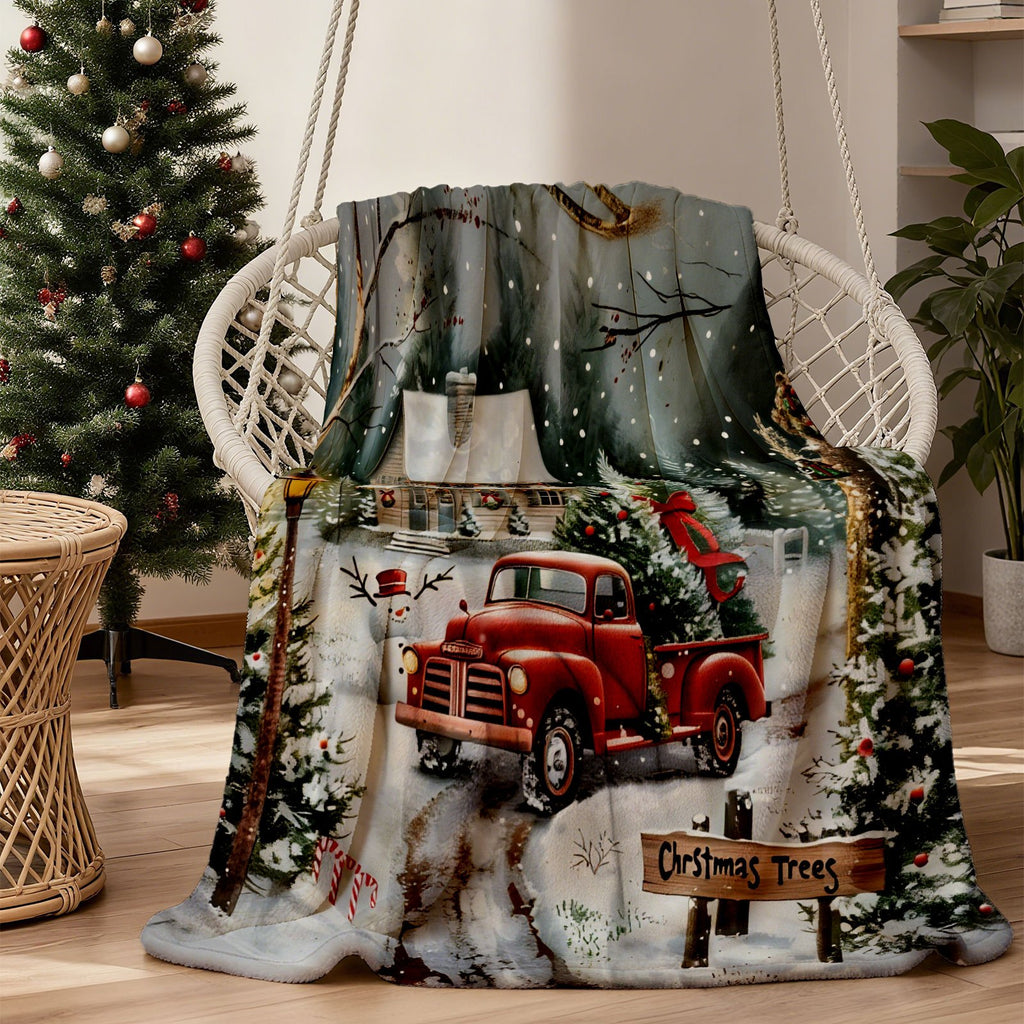 A Red Truck Blanket Featuring a Christmas Tree And Snow, Perfect for a Variety of Colored Sofas, Or Sofas. This All-Season Home Decoration, with Its Fun Animal Design And Other Features, Is Perfect for Enhancing Your Living Space