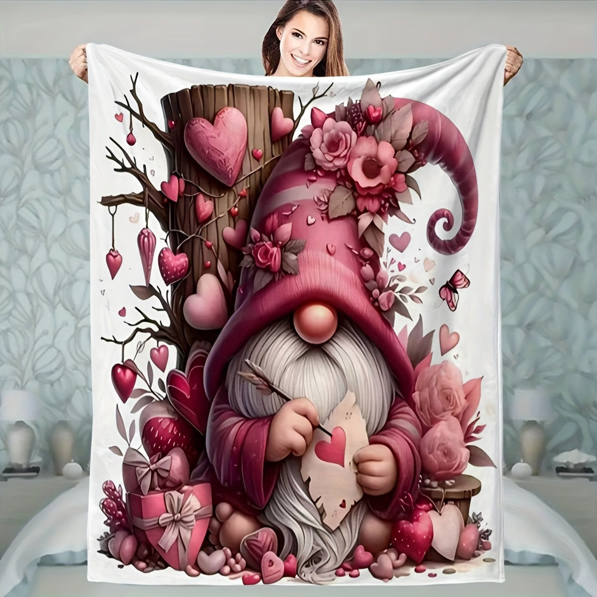 1pc of Elf Floral Blanket, Pink Printed Design, Full-body Blanket, Soft Flannel Plush Surface, Lightweight and Durable, Multiple Sizes Available, Suitable for Themed Decoration, Bedroom, Living Room, Study