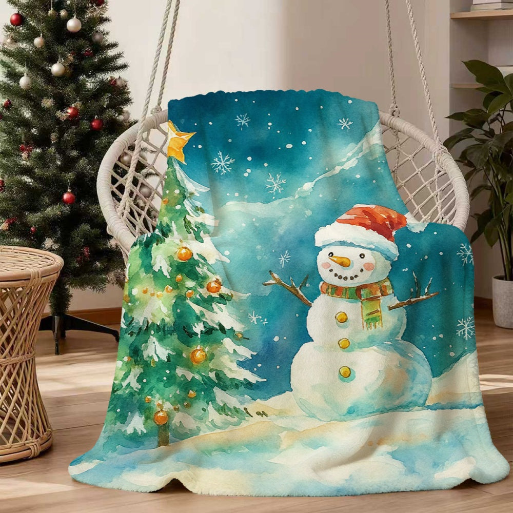 1pc Christmas Snowman And Christmas Tree Blue-Green Tone Flannel Blanket, Winter Holiday Decor Design, Durable Plush Warm Blanket, Suitable for Weekend Sofa Naps, Home Afternoon Rest, Reading Time
