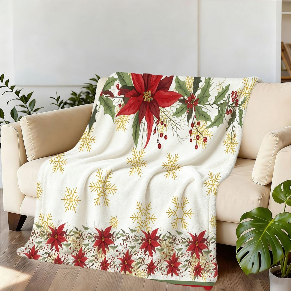 1pc, 1pc Christmas Floral And Snowflake Pattern Flannel Blanket, Soft Comfortable Warm, White Background with Golden Snowflakes And Red Flowers Design, Durable Plush, All-Season Sofa Blanket, Warm Cover, Multiple Sizes Available