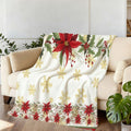1pc, 1pc Christmas Floral And Snowflake Pattern Flannel Blanket, Soft Comfortable Warm, White Background with Golden Snowflakes And Red Flowers Design, Durable Plush, All-Season Sofa Blanket, Warm Cover, Multiple Sizes Available