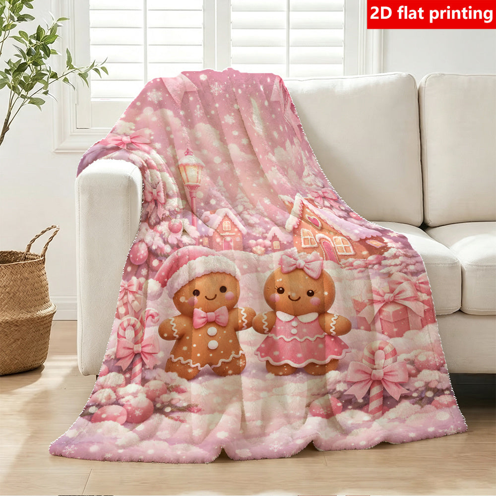 1pc Pink Gingerbread for Man and Christmas Tree Pattern 2D Flat Print Flannel Large-sized Blanket, Full-body Blanket in Multiple Sizes, Christmas Winter Decorative Design, Suitable for Holiday Home Decor, Reading Time, and Seasonal Home Use, 2D Flat