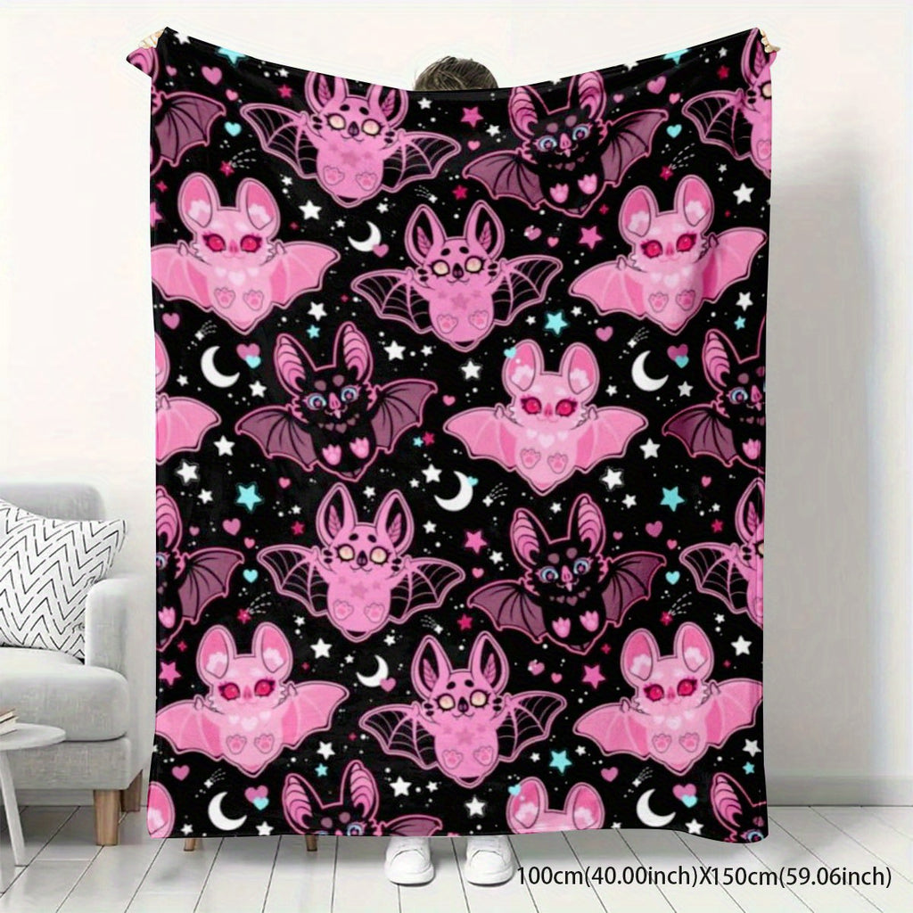 1pc 2D Flat Printing, Pink Bat And Stars Moon Blanket, Soft Fleece Blanket - Black Background with Pink Theme Design, Multiple Sizes Available, Suitable for Living Room Sofa, Bedroom, Casual Reading, Nighttime Viewing, And Holiday Decor