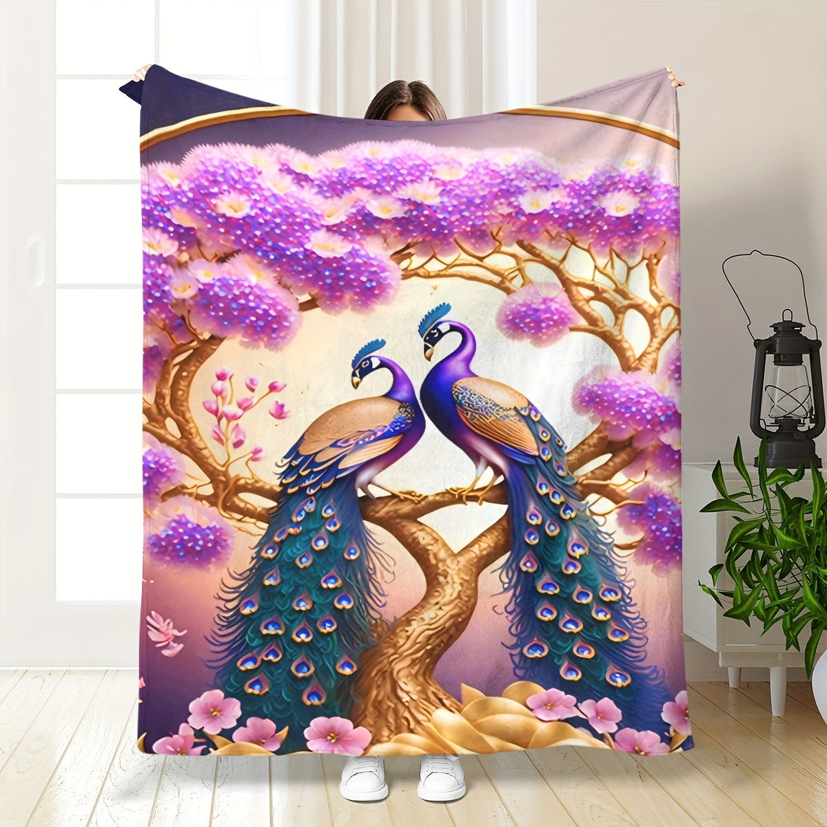 1pc 2D Flat Printing, Peacock And Floral Tree Theme Blanket, Soft Fleece Blanket - Purple Dreamy Design, Multi-Size Available, Suitable for Living Room, Bedroom, Sofa,, And Reading Area