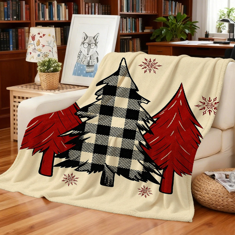 1pc of Christmas Red and Black Plaid with Snowflake Pattern Cream Beige Flannel Blanket, Featuring a Festive and Cozy Design, Soft Plush Surface for All Seasons, Suitable for Reading Time, Dorm Life, and Weekend Naps on the Sofa