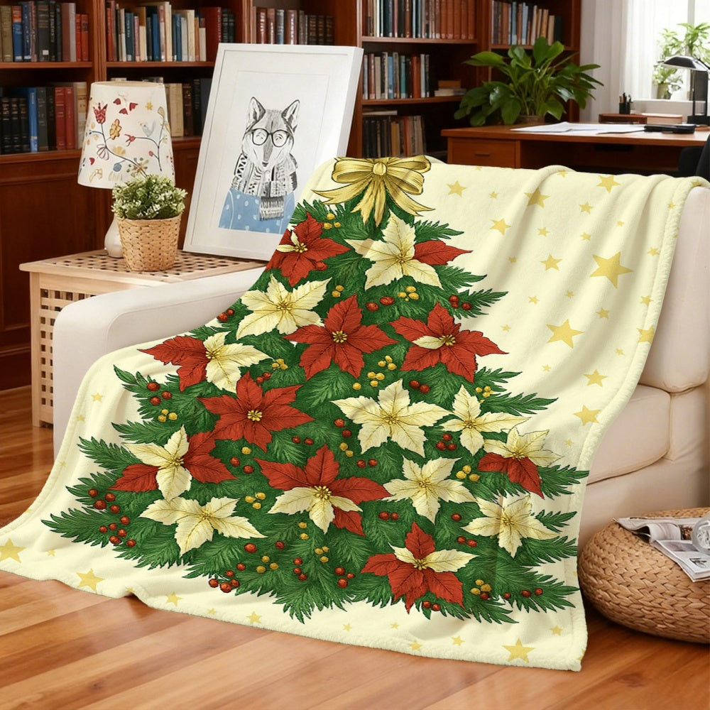 1pc Christmas Red Green Floral And Golden Gift Box Pattern Cream-Colored Flannel Blanket, Festive Warm Design, Soft Plush All-Season Use, Suitable for Weekend Sofa Naps, Reading Time, And Living Room Sofa Cover