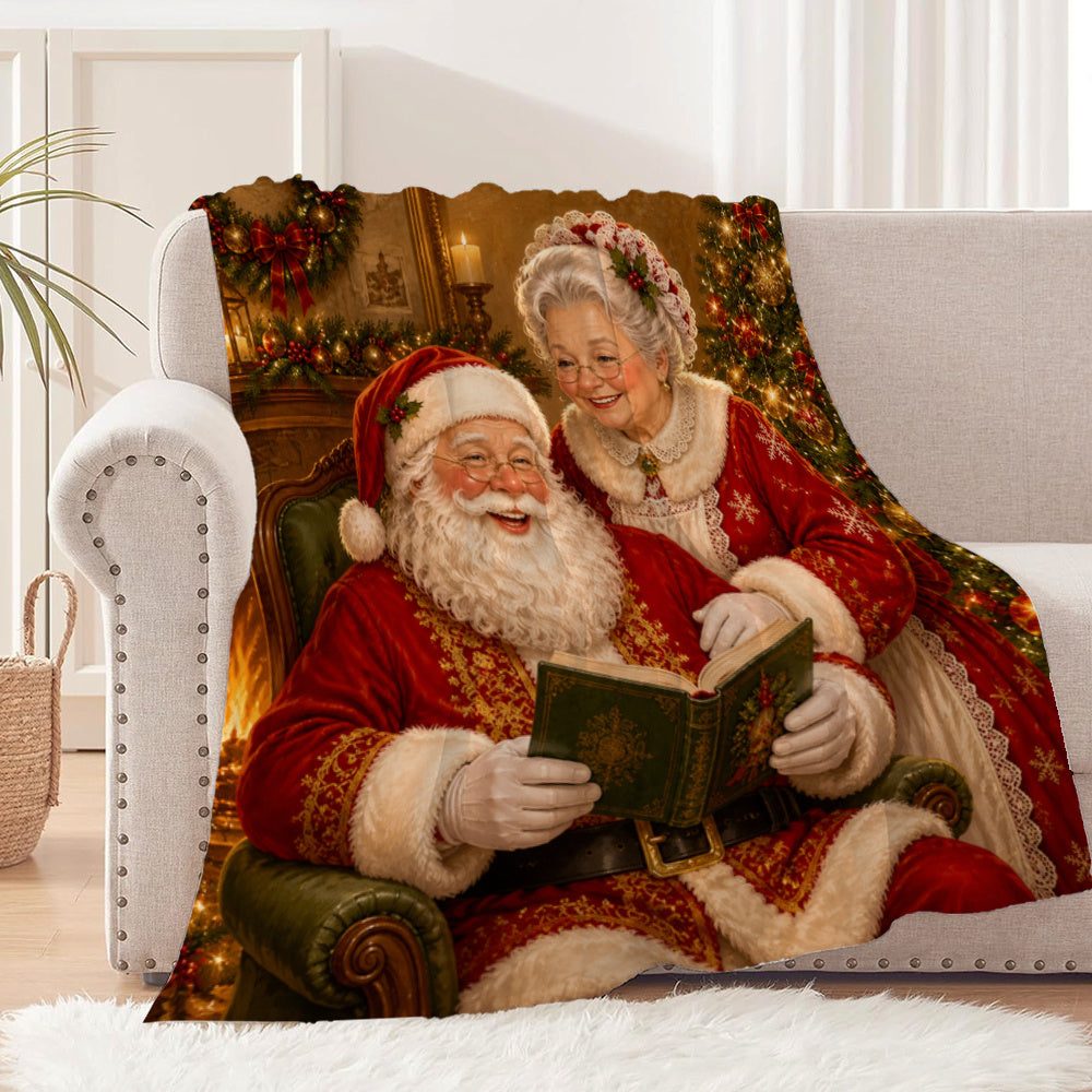1pc Christmas Fleece Blanket, Comfortable Santa And Mrs. Claus Design, Soft And Cozy Sofa Nap Blanket, Perfect for Home Decor, Camping, Gifts, Pet Blanket 59X78.7 Inches