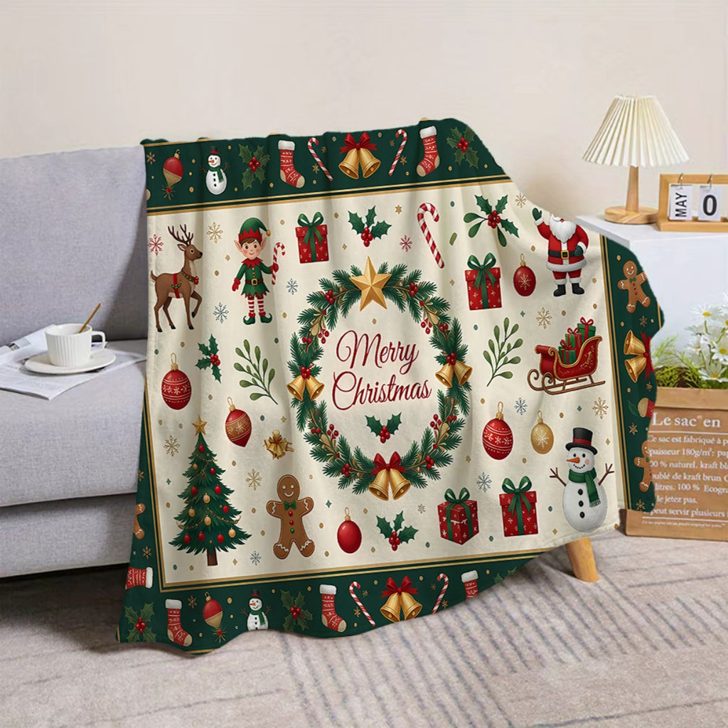 1pc, Christmas Elf And Reindeer Pattern Green Theme Flannel Blanket, Soft Comfortable Warm, Beige And Green Design, Durable Plush, All-Season Sofa Blanket, Warm Cover, Multiple Sizes Available, Suitable for Living Room Sofa, Bedroom