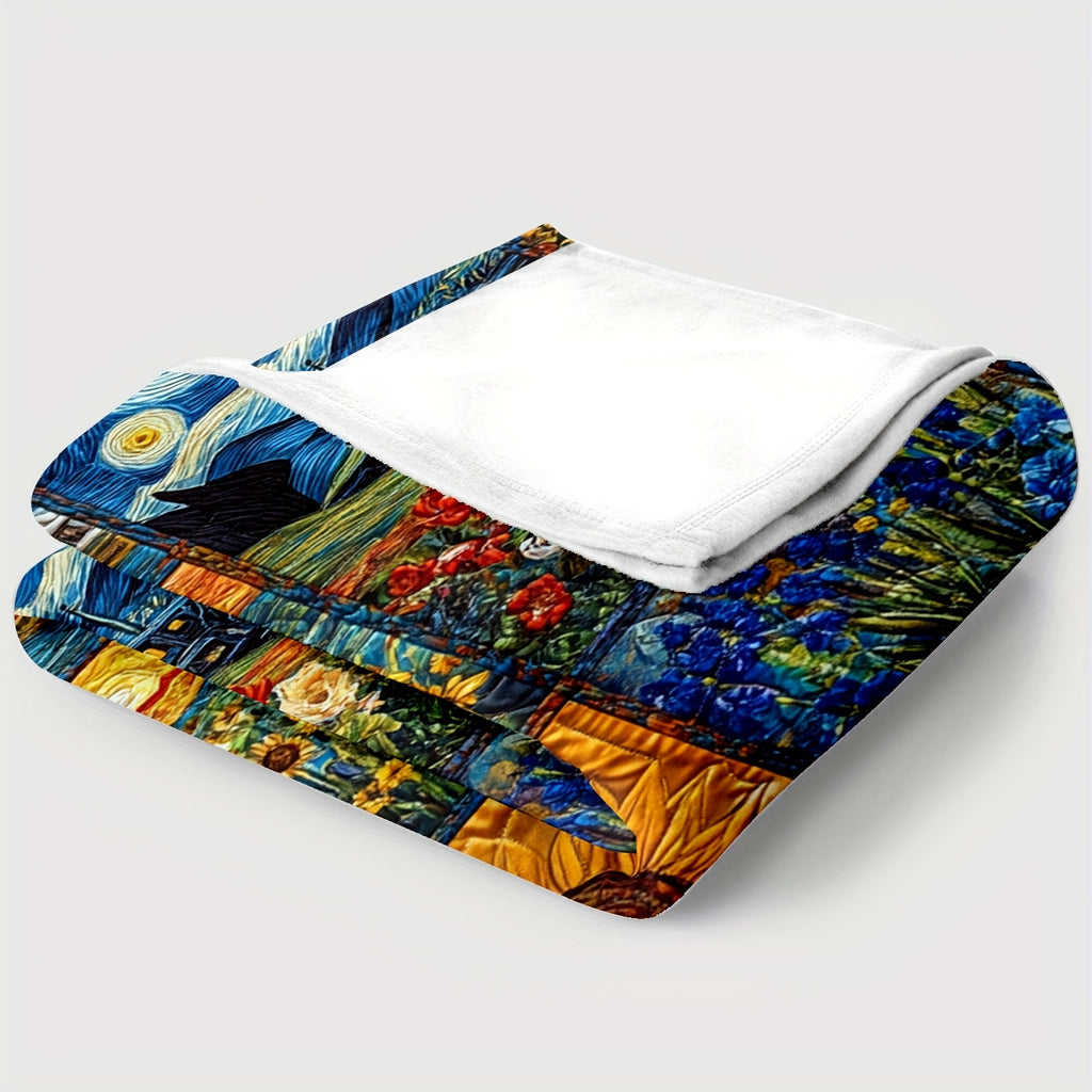 1pc Van Gogh Starry Night Sunflower Print Blanket, Artistic Retro Throw, Ultra-Warm Soft Comfortable Fleece Blanket, Multi-Size Available, Suitable for Living Room Sofa, Bedroom, Office Rest, Outdoor Picnic