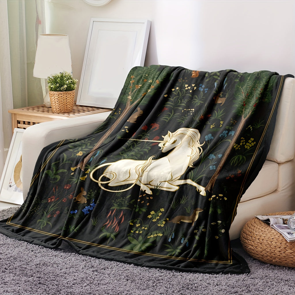 1pc 2D Flat Printing, Unicorn And Forest Theme Blanket, Soft Fleece Blanket - Black Retro Design, Multi-Size Available, Suitable for Living Room, Bedroom, Sofa, And Reading Nook