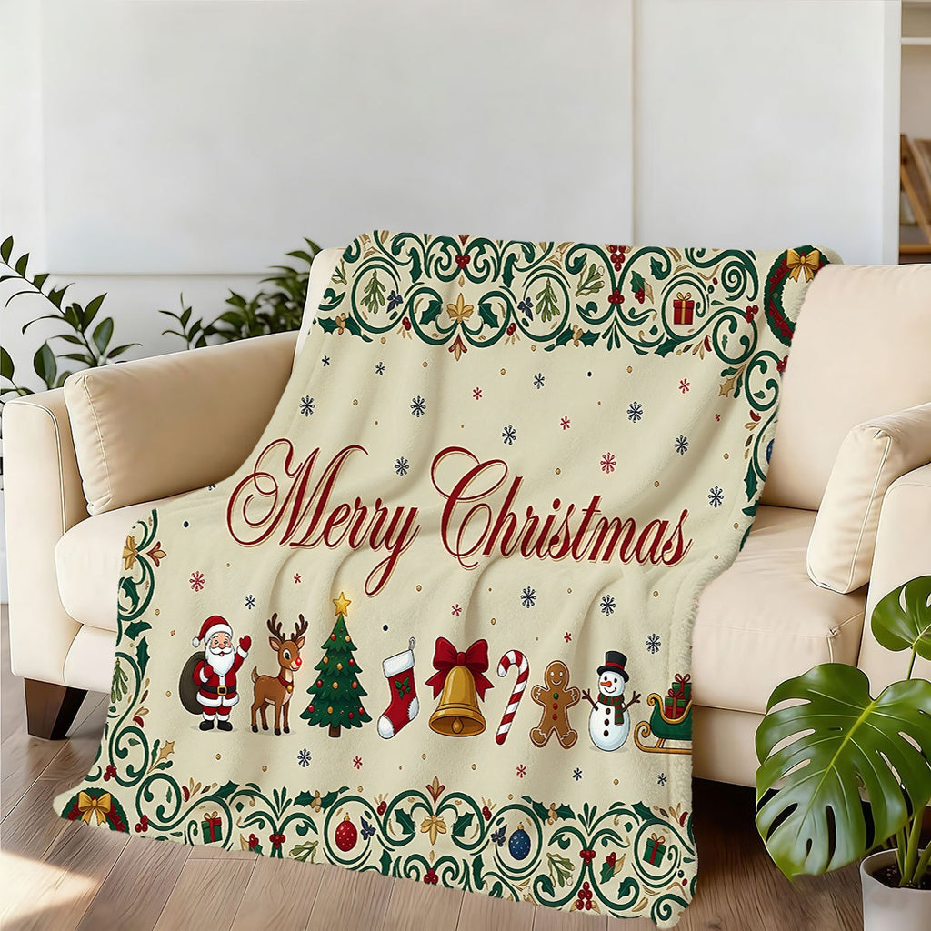 1pc, Christmas-Themed Merry Christmas Pattern Flannel Blanket, Soft Comfortable Warm, Beige And Green Decorative Style Design, Durable Plush, All-Season Sofa Blanket, Warm Cover, Multiple Sizes Available, Suitable for Living Room Sofas