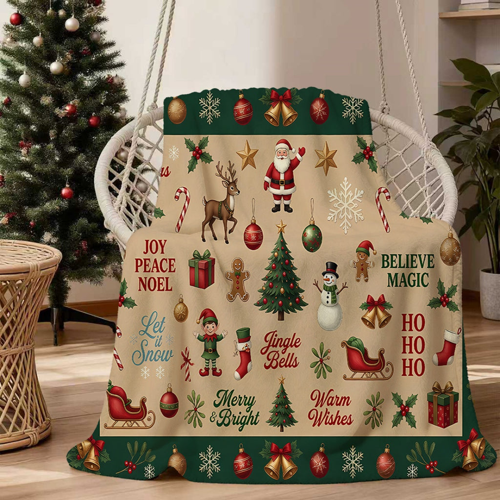 1pc, Santa And Reindeer Pattern Flannel Blanket, Soft Comfortable Warm, Beige And Green Design, Durable Plush, All-Season Sofa Blanket, Warm Cover, Multiple Sizes Available, Suitable for Living Room Sofa, Bedroom, Reading Corner, Holiday Decor