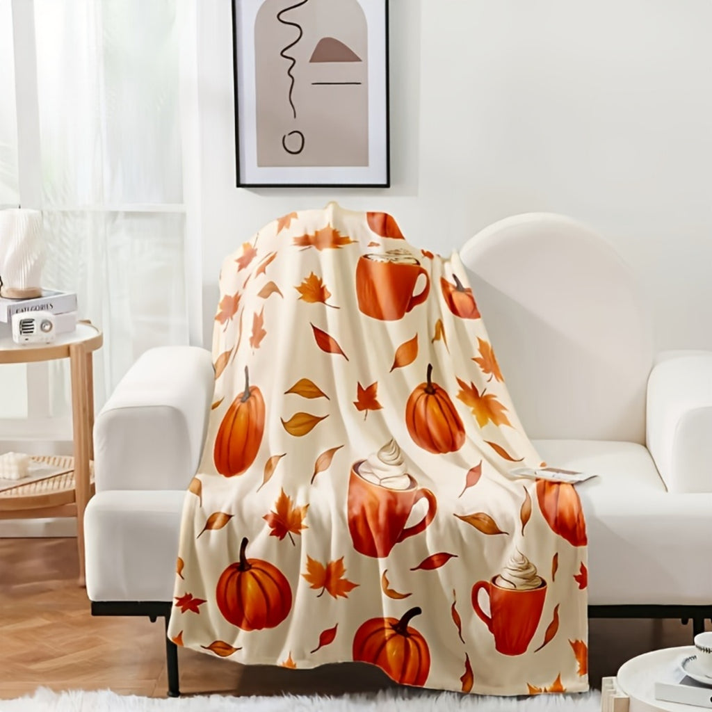 1pc 2D Flat Print Pumpkin and Maple Leaf Pattern Blanket, Soft Flannel Throw, Warm Orange Design, Suitable for All Seasons, Cozy Cover Blanket, Multiple Sizes Available, Suitable for Living Room Sofas, Bedroom, Reading Nooks, Leisure Time