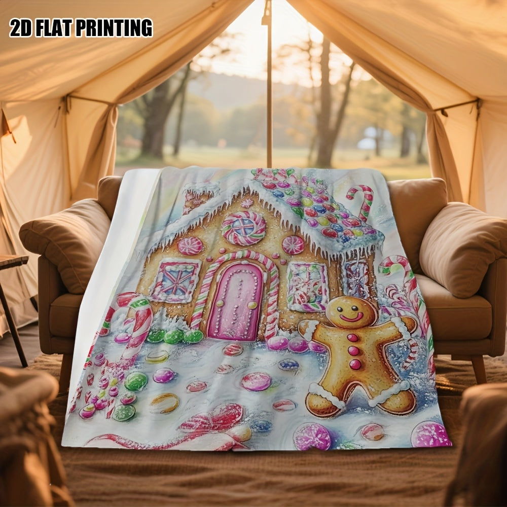 1pc Gingerbread House and Gingerbread for Man Christmas Themed Flannel Large Blanket, Holiday Decorative Design, Large Plush Throw Blanket, Suitable for Weekend Sofa Naps, Camping Leisure, and Home Naps