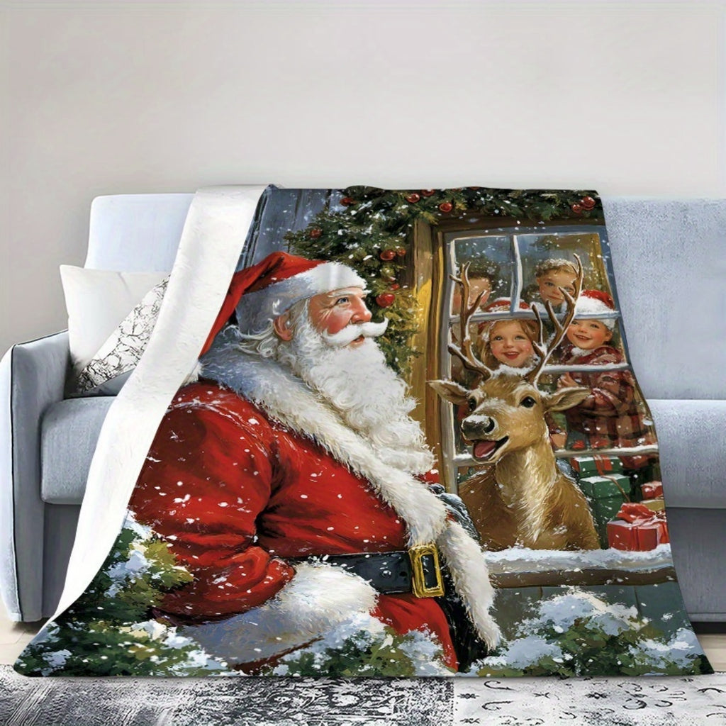 1pc 2D Flat Printing, Santa Claus And Reindeer Pattern Blanket, Soft Fleece Blanket, Red Festive Design, All Seasons, Warm Throw Blanket, Multiple Sizes Available, Suitable for Living Room, Bedroom, Sofa, And Reading Area