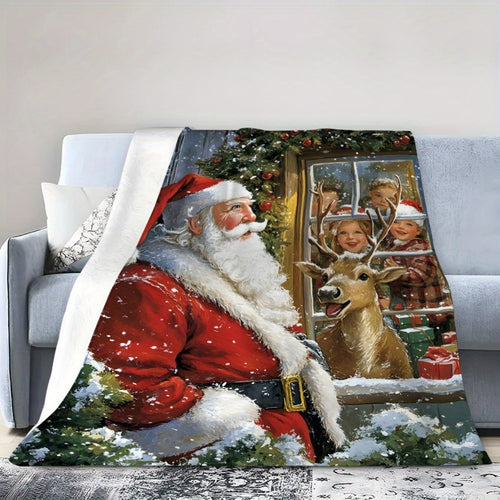 1pc 2D Flat Printing, Santa Claus And Reindeer Pattern Blanket, Soft Fleece Blanket, Red Festive Design, All Seasons, Warm Throw Blanket, Multiple Sizes Available, Suitable for Living Room, Bedroom, Sofa, And Reading Area