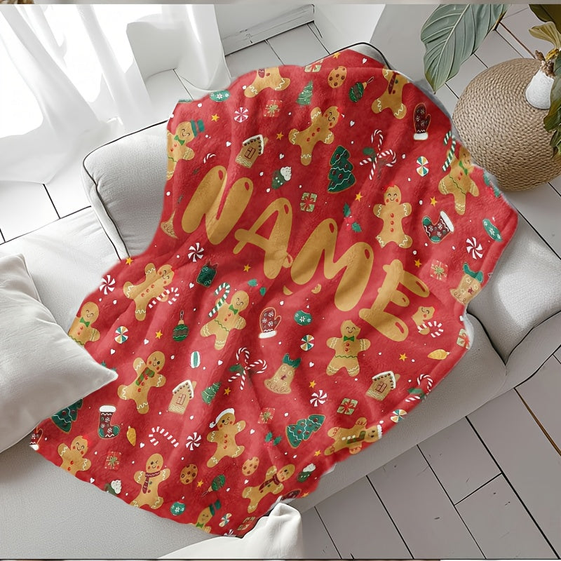 1pc Gingerbread Man And Christmas Tree Pattern Red Design Flannel Oversized Blanket, Christmas Winter Decor, Durable Plush, All Seasons, Suitable for Holiday Home Decoration, Weekend Sofa Nap, Dorm Life