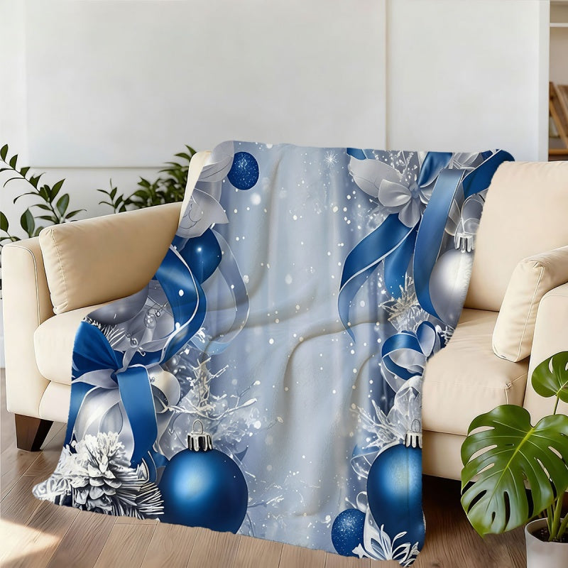 1pc 2D Flat Print Blue and Silvery Christmas Ball with Bow Flannel Blanket, Soft Flannel Throw—blue and Silvery Primary Color Design, Multiple Sizes Available, Suitable for Living Room Sofas, Bedroom, Leisure Reading, Holiday Decoration