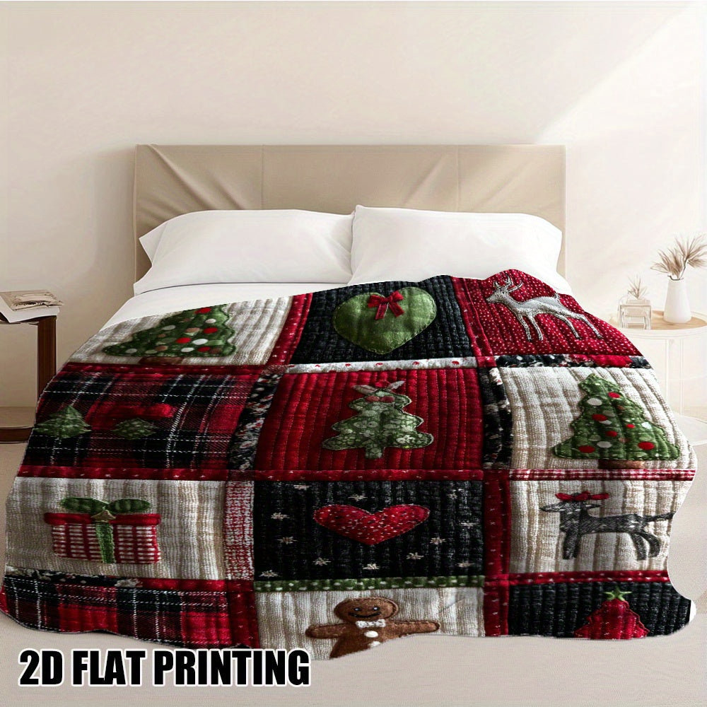 Christmas Holiday-themed Flannel Blanket with Red, Green, and White Color-blocked Spliced Design, Soft, Comfortable, and Warm. Features 2D Flat-printing Technology and a Durable Plush Surface. A Versatile All-season Bed Throw and Warm Lap Blanket
