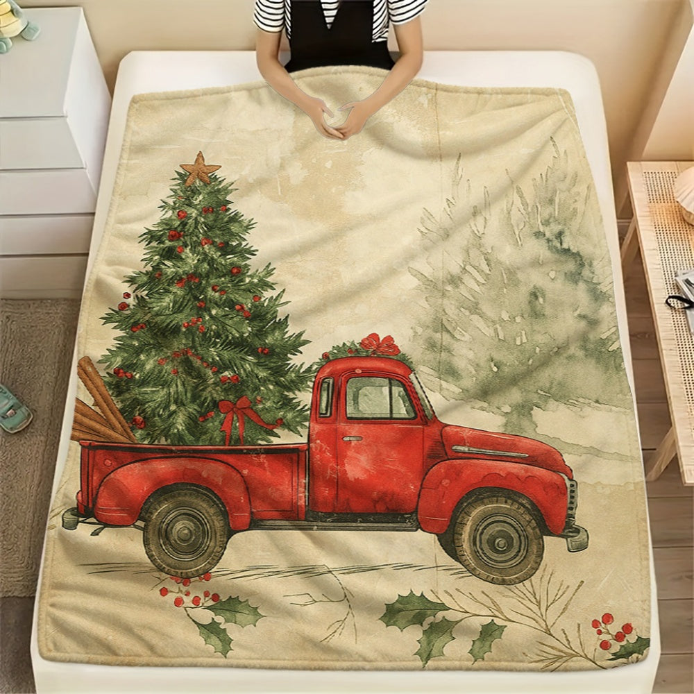 1pc Christmas Red Card Car Tree Pattern Cream Beige Flannel Blanket, Christmas Winter Body Blanket, Soft Plush All-Season, Suitable for Weekend Sofa Naps, Reading Time, And Movie Entertainment