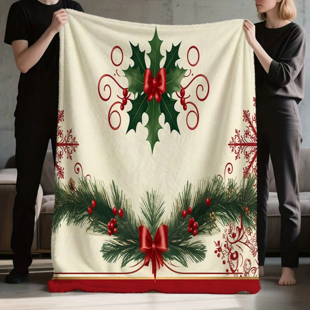1pc, 1pc Christmas Green Leaves Red Fruits And Pine Branches Ribbon Pattern Flannel Blanket, Soft Comfortable Warm, Beige Base Red Decor Design, Durable Plush, All-Season Sofa Blanket, Warm Cover, Multiple Sizes Available