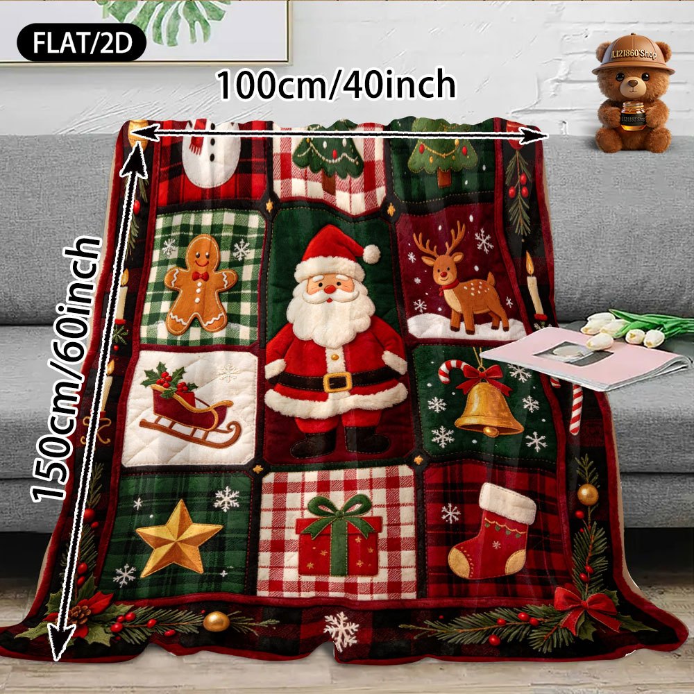 Flat/2D Digital Printing Flannel Blanket Blanket, Pastoral and Rural Plaid Patchwork Design, Christmas Theme, Santa Claus, Snowman, Christmas Tree, Gingerbread for Man, Reindeer, Sleigh, Gift, Sock Elements, Soft and Skin-friendly