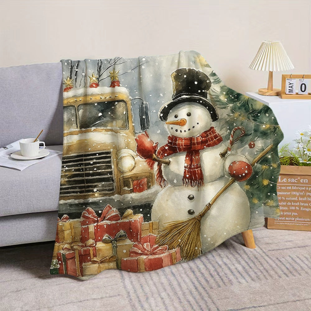 1pc Christmas Retro Truck And Snowman Flannel Blanket, Red Brown Warm Tone Design, Durable Plush Warm Blanket, Suitable for Weekend Sofa Naps, Home Afternoon Rest, Reading Time, Guest Room Backup