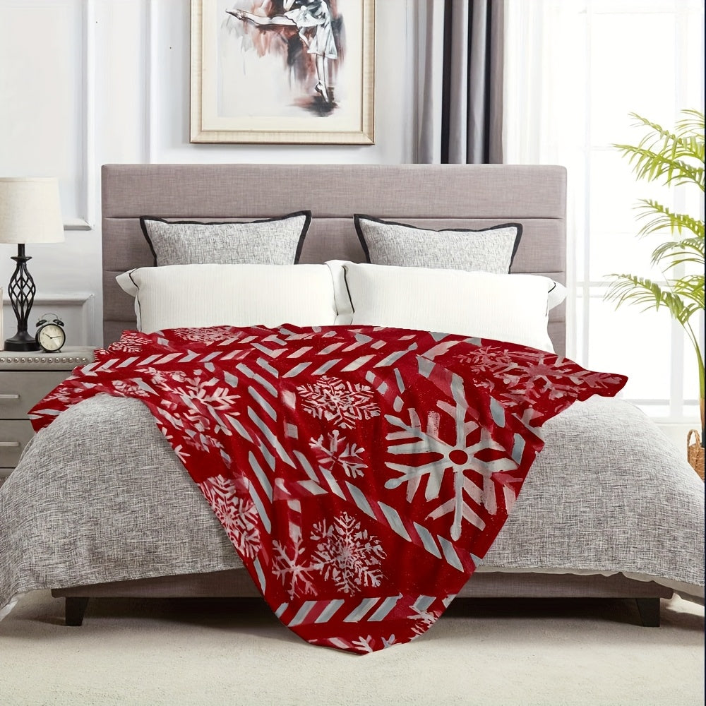 1 Red Snowflake Stripe Flannel Blanket with Festive Design, Soft Plush Surface, Lightweight and Durable Flannel Material, Available in Multiple Sizes, Perfect for Christmas, Living Room Lounging, Bedroom Warmth, and Holiday Decoration