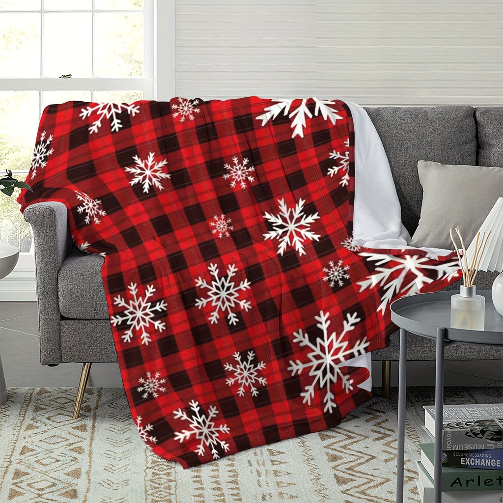 1pc Red and Black Plaid Snowflake Pattern Blanket, Snowflake Print Design, Full-body Throw Blanket, Soft Flannel Plush Surface, Lightweight and Durable, Multiple Sizes Available, Suitable for Christmas Decoration, Living Room Leisure, Bedroom Warmth
