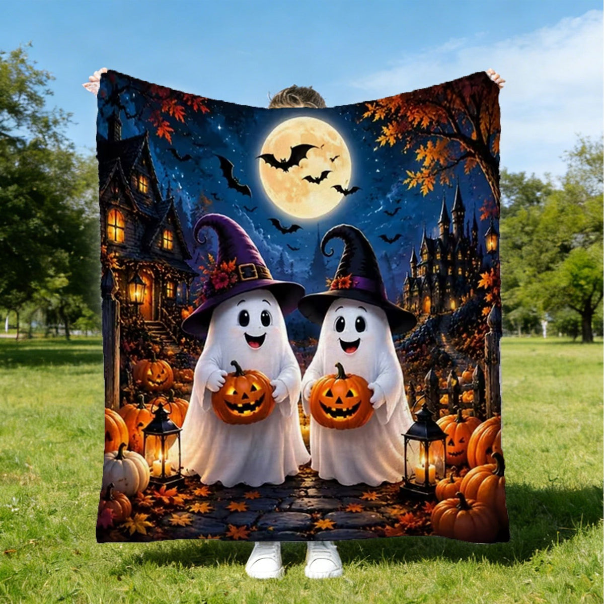 1pc Halloween Fleece Blanket, Soft Comfortable Throw Blanket with Pumpkin Ghost Bat Moon Pattern, Suitable for Office, Sofa, Living Room, Warm Decorative Item, Home Holiday Decor Gift