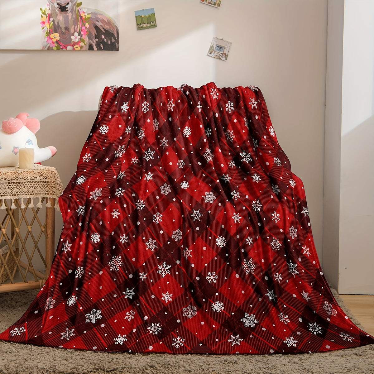 1pc Christmas Snowflake Red and Black Plaid Flannel Blanket, Soft, Comfortable, and Warm, with a Red and Black Plaid Design, Durable Plush Surface, All-season Universal Bed Blanket, Warm Throw Blanket, Multiple Sizes Available, Suitable for Living