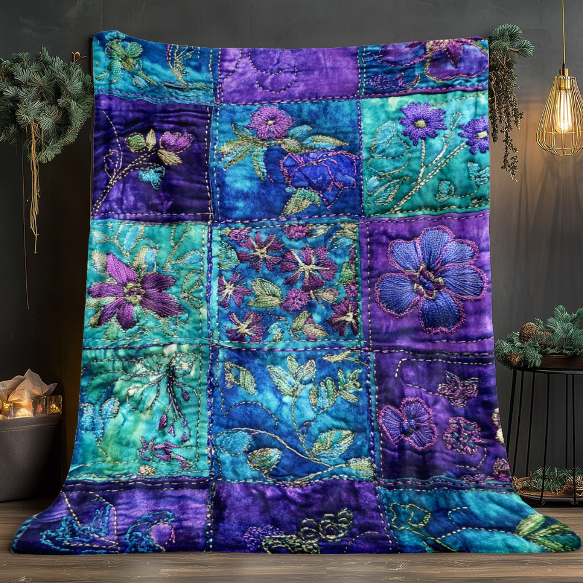 1pc Purple Floral Embroidered Print Blanket, Vintage Art Throw Blanket, Super Warm Soft and Cozy Flannel Blanket, Multiple Sizes Available, Suitable for Living Room Sofa, Bedroom, Leisure Reading, Holiday Decoration