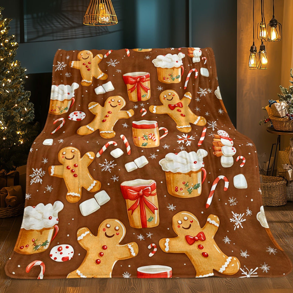 1 Christmas Gingerbread Blanket - Lightweight Flannel-Like Soft Warm All-Season Blanket with Gingerbread Man, Candy Bar, Gifts - Brown/Red/White Holiday Decor for Sofa, Travel, Camping - Perfect Christmas Gift Ideas, Travel Essentials