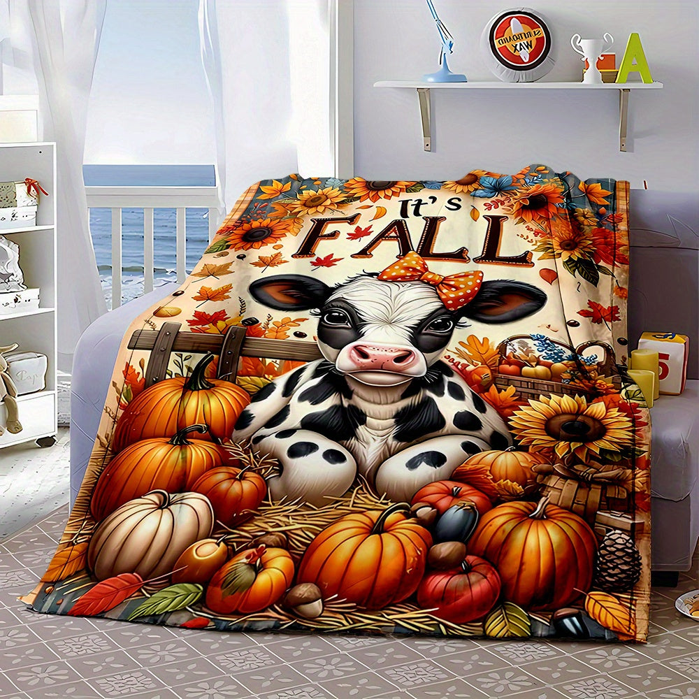 1pc Autumn Cow and Pumpkin Themed Flannel Blanket, Soft, Comfortable, and Warm, with Orange-Yellow Autumn Leaves and Sunflower Design, Durable Plush Surface, All-Season Universal Bed Blanket, Warm Throw Blanket, Multiple Sizes Available