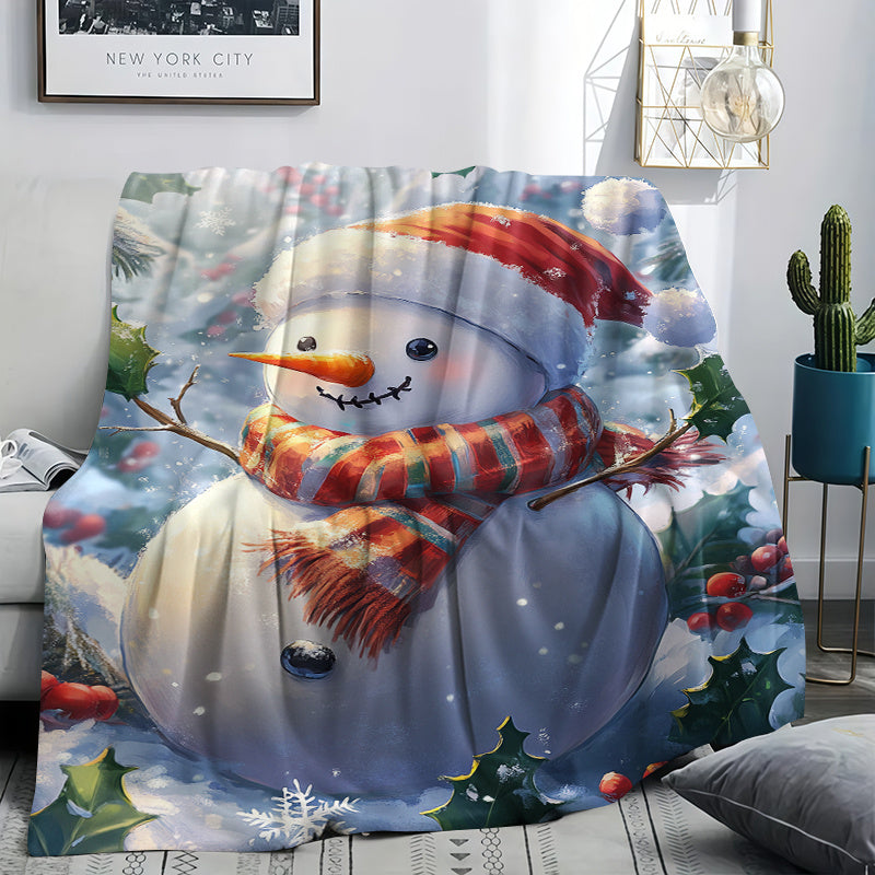 1pc Snowman And Winter Flowers Christmas Theme Red Flannel Oversized Blanket, Winter Decor Design, Large Plush Throw Blanket, Suitable for Holiday Home Decoration, Home Nap, Movie Entertainment Time