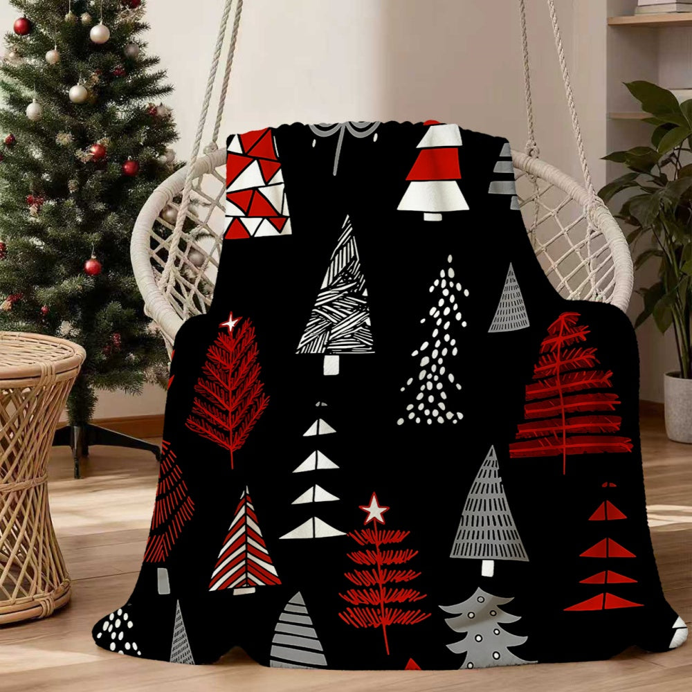 1pc Christmas Geometric Pattern Black Flannel Blanket, Soft, Comfortable, and Warm, Red, White, and Black Design, All-Season Sofa Blanket, Warm Throw Blanket, Multiple Sizes Available, Suitable for Living Room Sofas, Bedroom, Leisure Reading