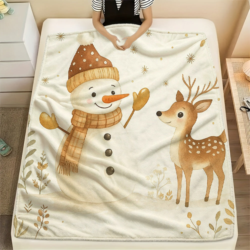 1pc of Snowman and Reindeer Christmas-themed Cream Beige Flannel Blanket, Featuring a Cozy Holiday Design, Soft Plush Surface for All Seasons. Suitable for Reading Time, Weekend Sofa Naps, and Festive Home Decor