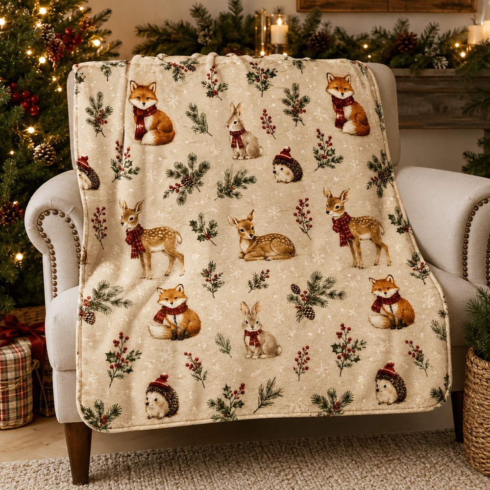 Blanket, Winter Forest Animal Christmas Blanket, Fox Deer Rabbit Hedgehog Pine Branch Red Fruit Pattern Soft Blanket, Living Room Sofa Bedroom Autumn And Winter Warm Home Decoration Blanket