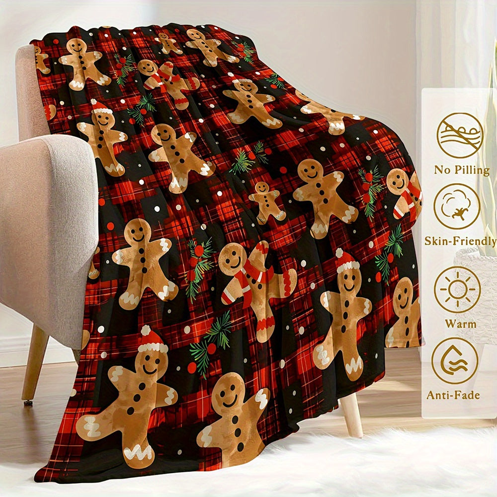 1pc Plaid Christmas Blanket, Gingerbread Man Pattern, Ideal for Sofa, Office Bed, Camping, And a Cozy Gift for Any Season