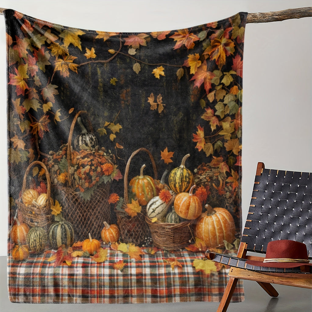 1pc, Autumn Harvest Themed Flannel Blanket with Pumpkin and Maple Leaf Pattern, Soft, Comfortable, and Warm, Black Base with Orange, Yellow, and Red Leaf Design, Durable Plush Surface, All-Season Sofa Blanket, Warm Throw Blanket, Multiple Sizes