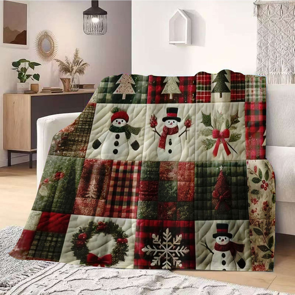 1pc Christmas Theme Quilted Blanket, Snowflake Snowman Christmas Tree Pattern, Red and Green Plaid Patchwork Design, Holiday Decoration Sofa Blanket, Winter Warmth Thickening, Single Nordic Style Home Soft Decoration, New Year's Gift Is Preferred